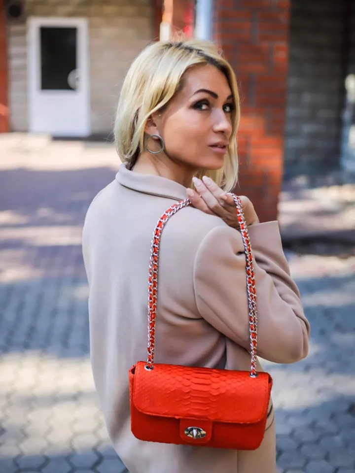 Orange Genuine Python Skin Bag | Exotic lethaer Bags | Leather Women Chain Crossbody | Classy Summer Bag | Leather Handmade Bags | Purses