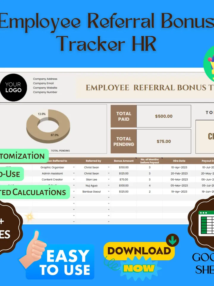 Employee Referral Bonus Tracker Template, Editable Google Sheets, HR Incentive Program Management Tool