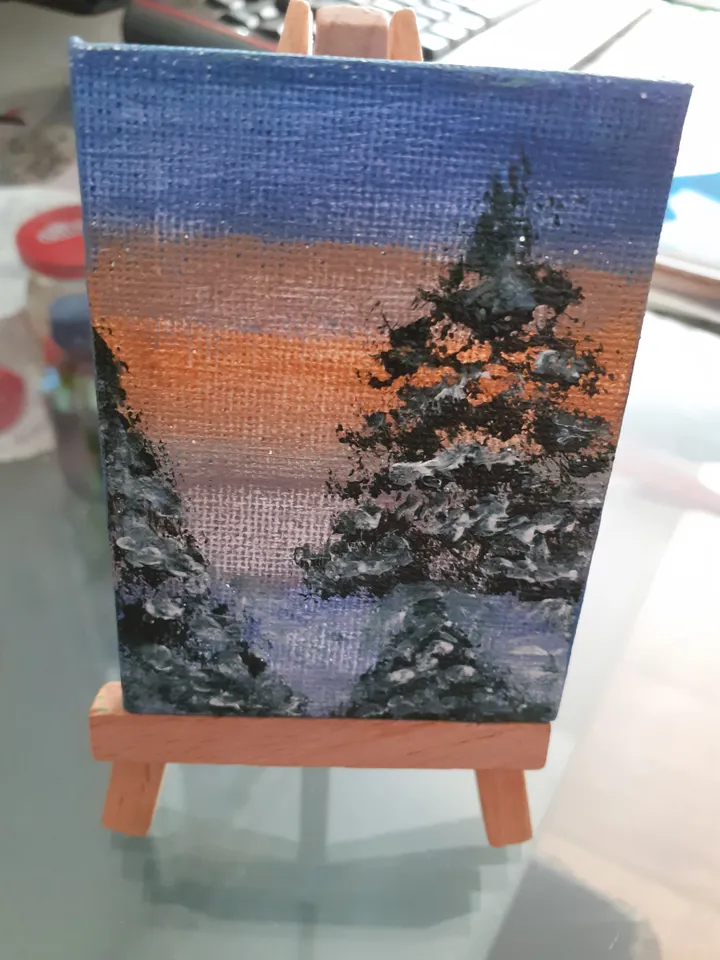 Oil Painting Winter Forest Pine Trees in the Snow Forest Landscape Miniature Stretched Canvas 3.5 x 2.5 inches On a wooden stand \set\ Collectible art Gift for the occasion Decor of walls and other surfaces