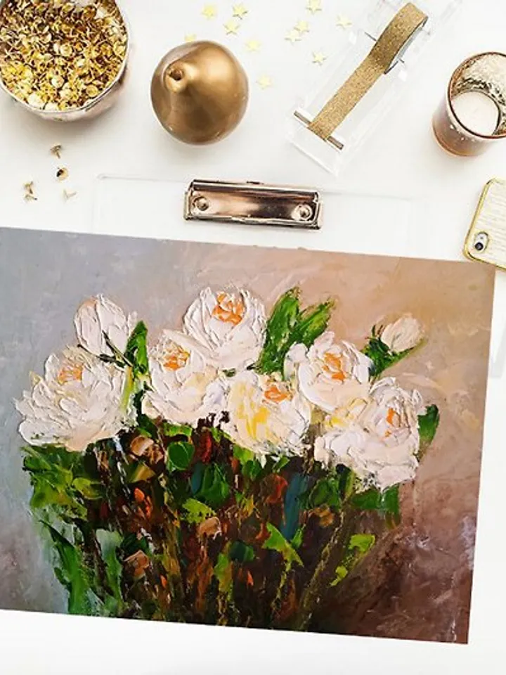 Roses White Flowers Original Oil Painting / Home Decoration / Composition / Art