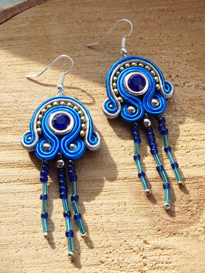 Blue earrings, Long beaded earrings, tassel earrings, embroidered soutache earrings Bohemian earrings