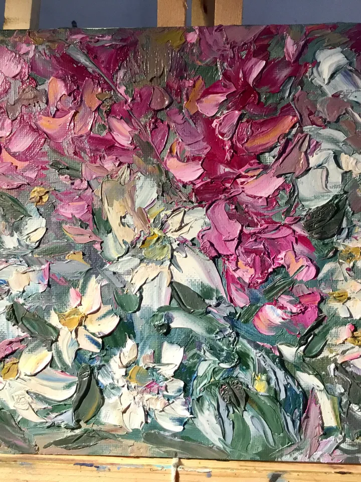 Pink and white flowers fantasy painting ,original oil impasto painting on small canvas board ,wall decoration,small gift.
