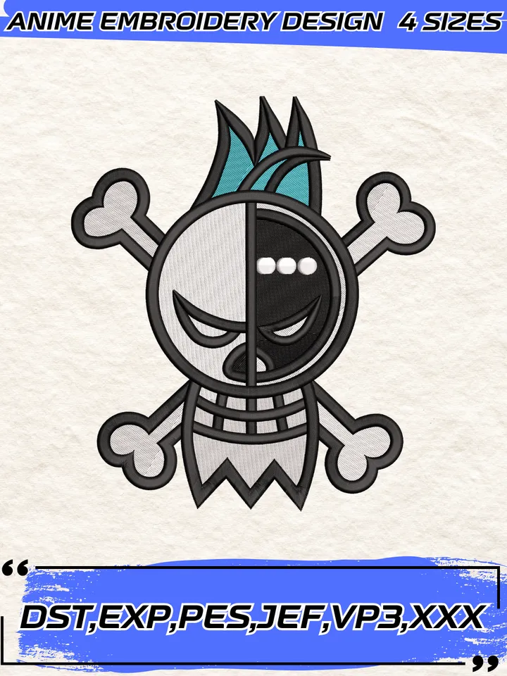 Franky Jolly Roger Embroidery Design,One Piece Anime Embroidery Design,4 Sizes,Instant Download