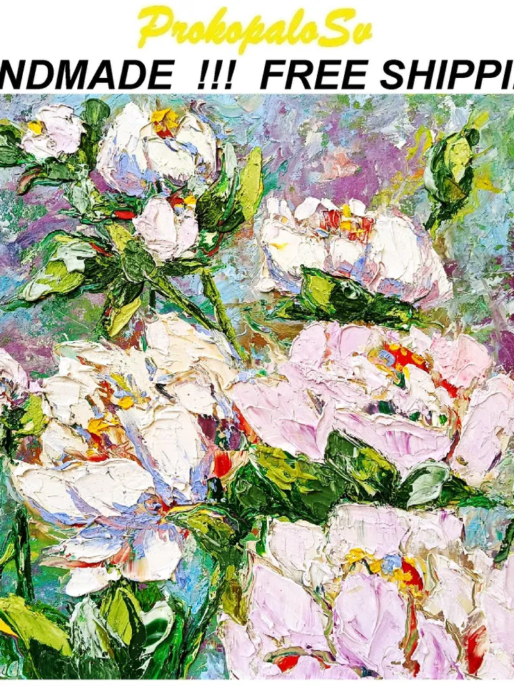 Peonies Oil Painting Flowers Art Impasto Floral Original Artwork Still Life 10x10 Wall Art Gifts by ArtProkopaloSv