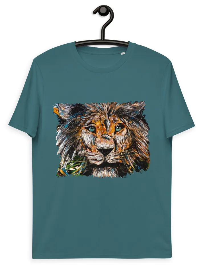 Unique design Lion Unisex organic cotton t-shirt made from my original mix media artwork on glass,wild animals t shirts, wearable art gifts