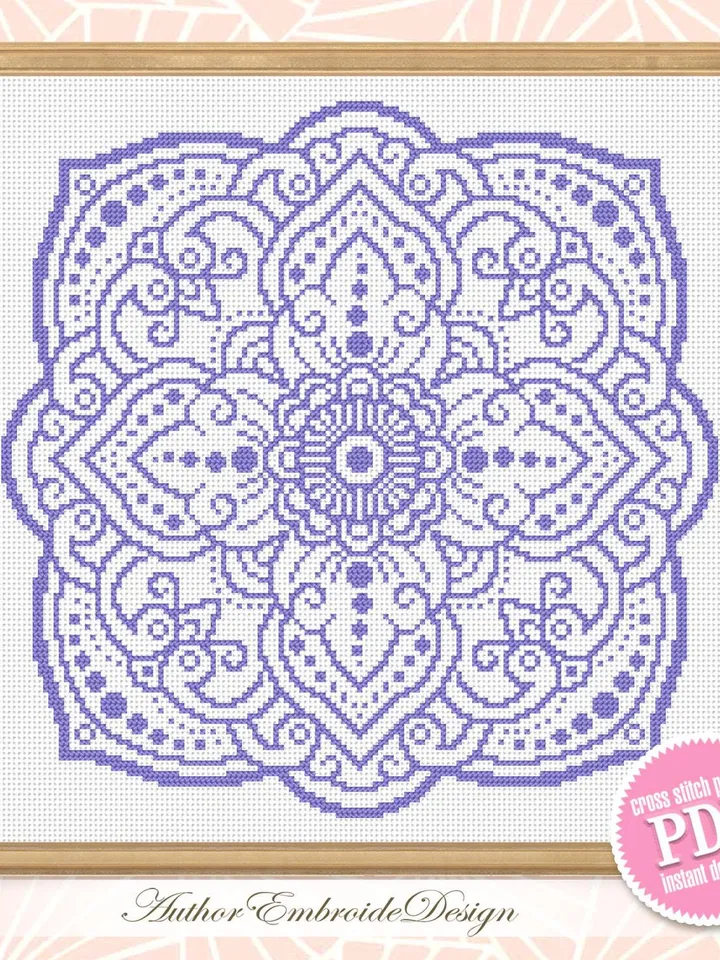 Flower mandala cross stitch pattern PDF download Monochrome cross stitch chart, Square mandala pattern digital for pillow cross stitch #M272