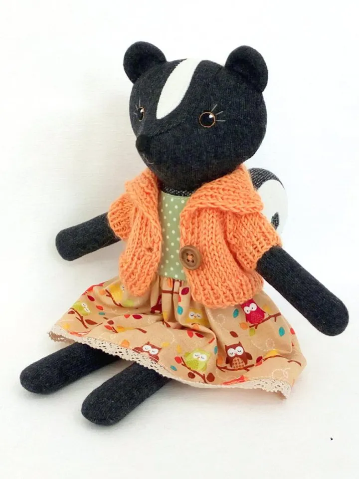 Black skunk girl, stuffed wool plush toy, handmade skunk fabric doll