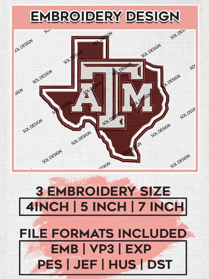 NCAA TAM Aggies Team Logo Machine Embroidery Design, NCAA Texas A&M Aggies Team Design Design files, NCAA Team Embroidery Designs, NCAA Machine Embroidery Designs, Digital Download