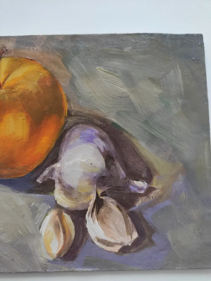 Oil painting on cardboard apple and garlic