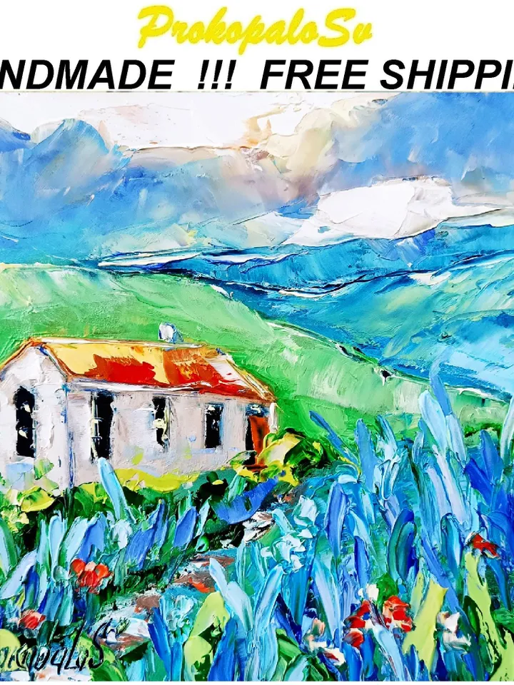 Texas Bluebonnets Painting Original Art National Park Painting Landscape Impasto Oil Painting Green Blue Art Impressionist by ArtProkopaloSv