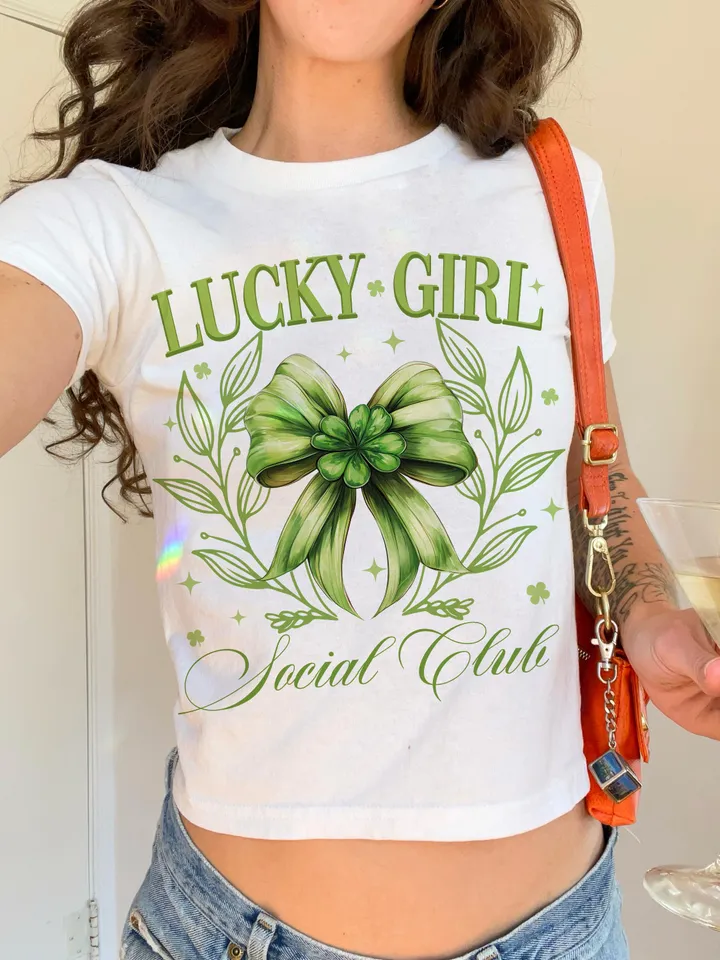 Lucky Girl Social Club Png St. Patrick’s Day Bow png, St Patricks Coquette PNG, Green Coquette PNG, 4 leaf clover png, St Patrick's Day png