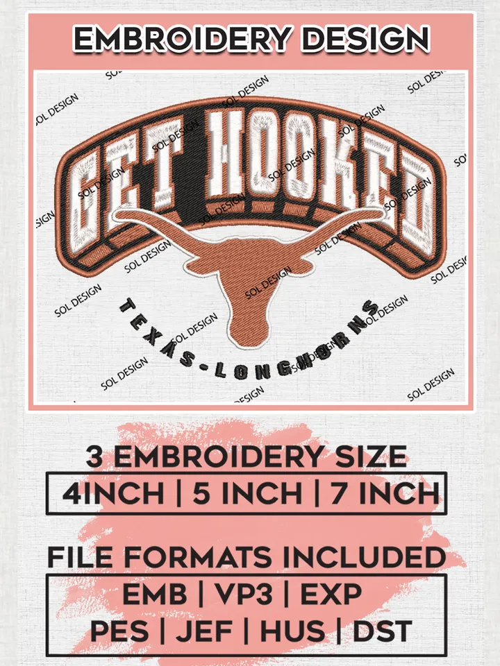 NCAA Get Hooked Team Logo Embroidery Design Files, NCAA Texas Longhorns Machine Embroidery, NCAA Teams, 3 sizes, NCAA Machine embroidery designs, Digital Download