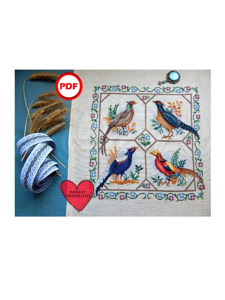 Pheasant Quartet cross stitch pattern, 4 Pheasants cross stitch pattern, bird cross stitch chart, pillow ornament embroidery pdf