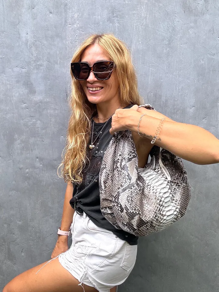 Medium Soft Hobo Classy Sport Woman Bag | Purse Genuine Python Skin | Reptile Skin Products | Gray Elegant Leather Designer Soft Bag Snake
