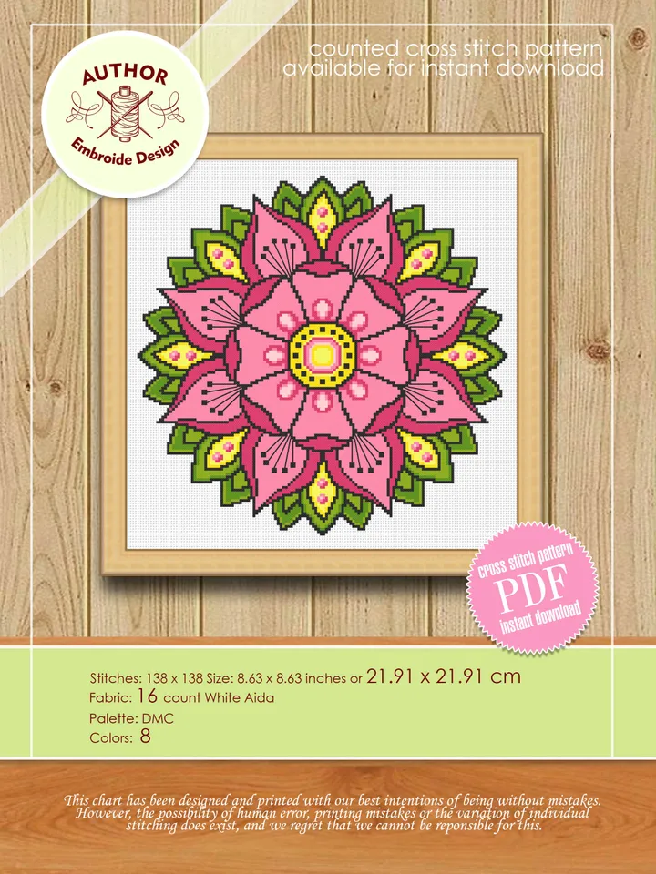 Flower mandala cross stitch pattern download PDF Floral mandala digital Flower xstitch chart Modern cross stitch Beginner stitch #M134