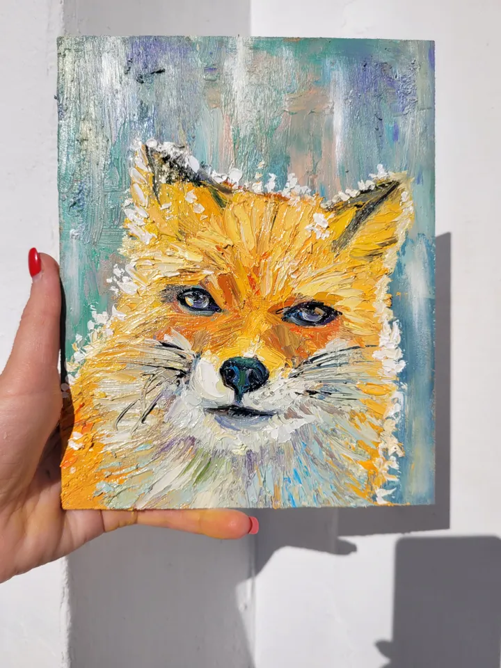 Winter Fox Painting Animal Painting Original Impasto Oil Painting 6x8 Wildlife Painting Red Fox in Snow Fox Portrait Fox Gift by ArtFromVictoria