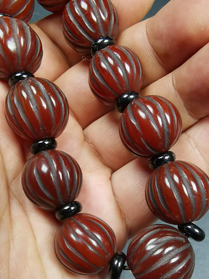 Gandhanra Old Tibetan Wrist Mala, 0.75" Agate Pumpkin Ball Prayer Beads Bracelet