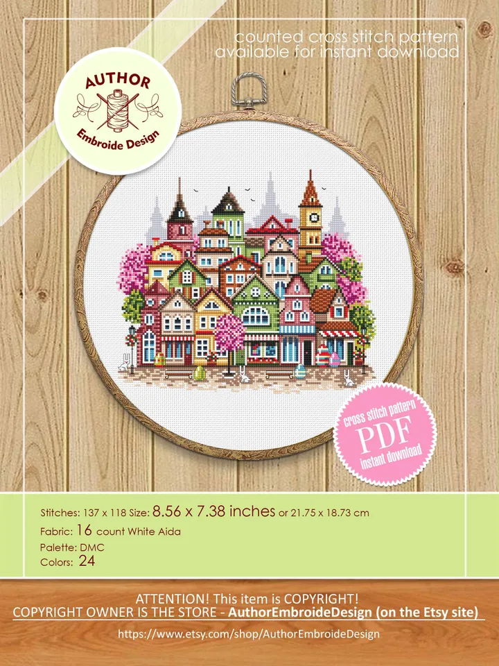 Set of 3 Season houses cross stitch pattern PDF download Christmas city cross stitch chart, Urban landscape pattern digital PDF #E20