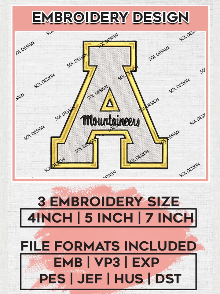 Appalachian State Mountaineers Logo Machine Embroidery Design, NCAA App State Mountaineers Embroidery Design Design files, NCAA Embroidery Designs, NCAA Machine Embroidery Designs, Digital Download
