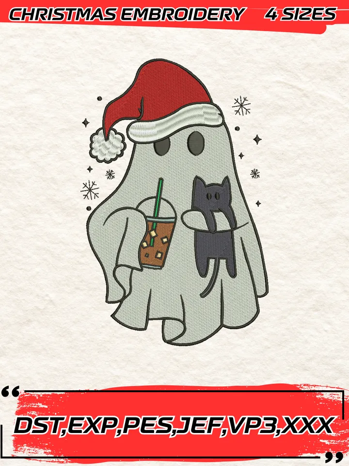 Christmas Ghost Cat Embroidery Design,Christmas Embroidery Design,4 Sizes, Digital Download