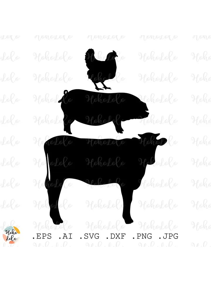 Farm Animal Svg, Cow Svg, Chicken Svg, Pig Svg, Farm Animal Silhouette, Farm Animal Stencil Template Dxf, Farm Animal Clipart Png