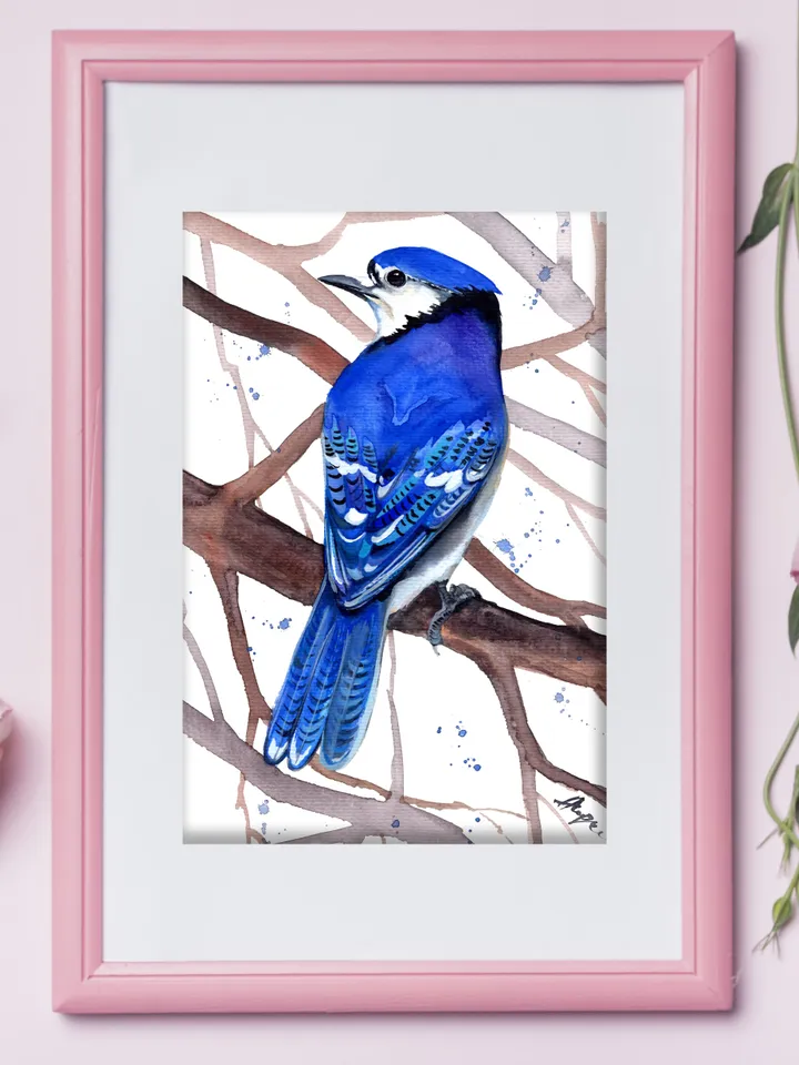 Blue Jay original watercolor, birds painting, wall decor, 7x10 in art for birds lovers by Anne Gorywine