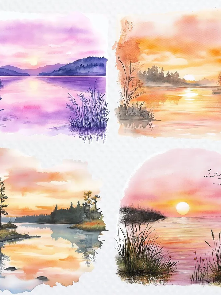 20 Sunset over Lake PNG Clipart Bundle, Lake Sunset clipart, Printable Watercolor Sublimation clipart, Digital download, Paper craft