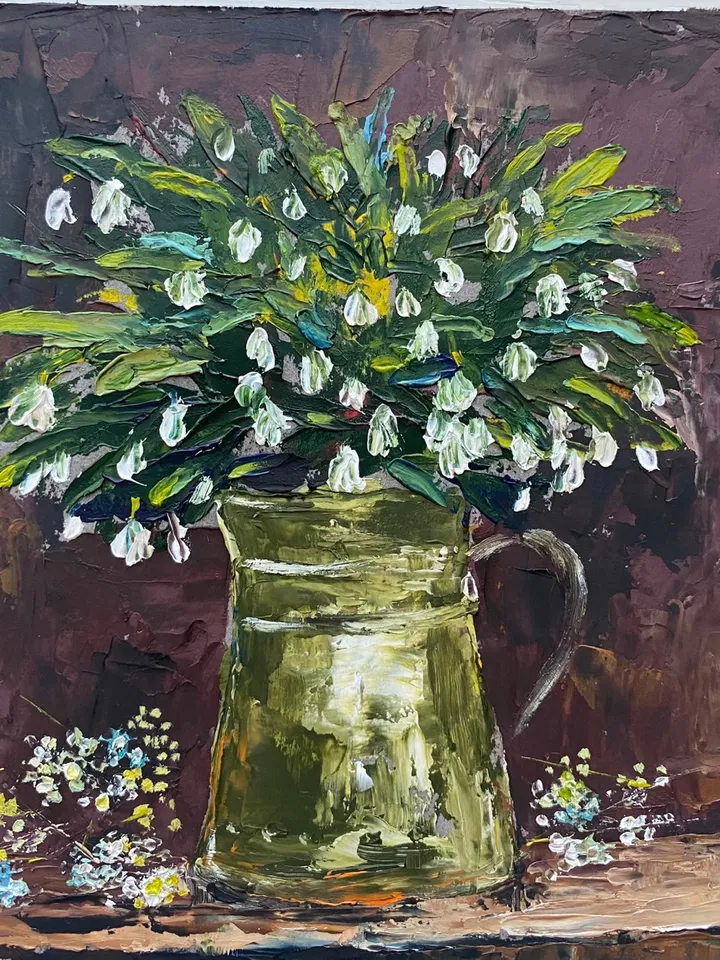 Snowdrops White flowers on a dark background, oil painting on cardboard - a unique gift for her