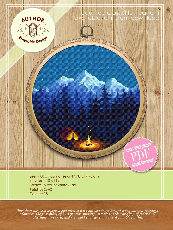 Set nature cross stitch pattern download PDF Mountain landscape cross stitch Campfire tent xstitch chart Night nature Travel home decor #S54