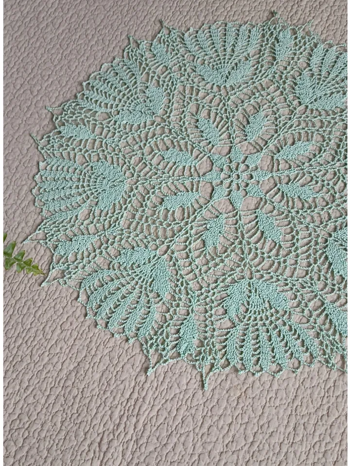 Hand crocheted large emerald mint doily gray-beige tablecloth 18.50-20.47 inches