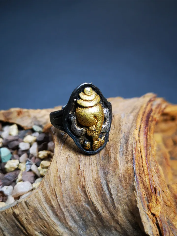Gandhanra Unique Handcrafted Tibetan Buddhist Shankha Conch Ring,Made of Pure Gold Filled and Silver Filled,Protection Jewelry,Adjustable