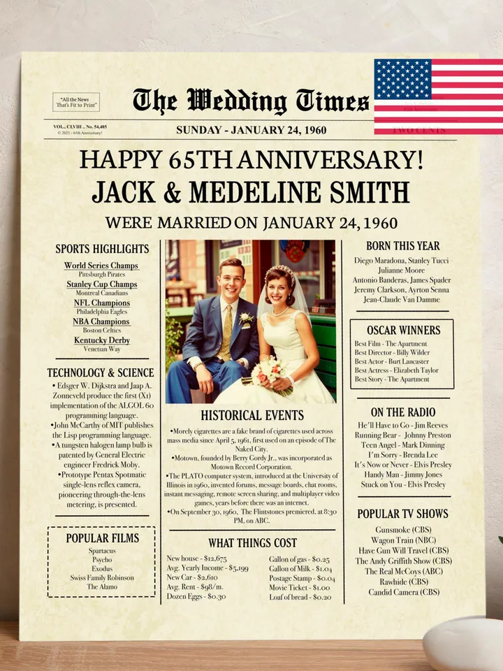 65th Wedding Anniversary Gift for Parents, 1960 Anniversary Newspaper Poster, 65th Anniversary Gifts, Printable Digital Download