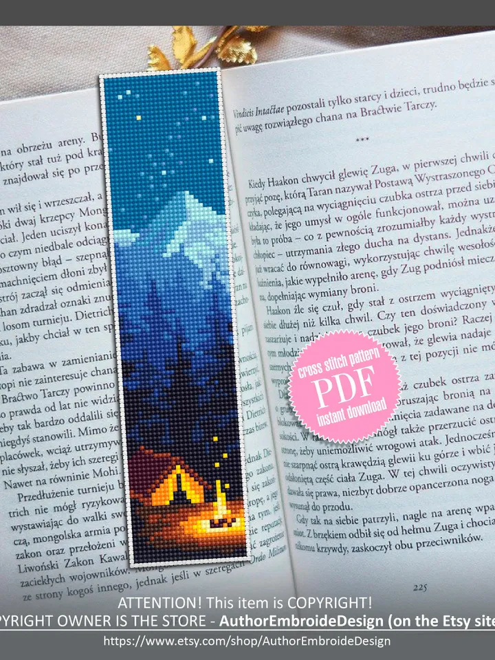 Bookmark camping cross stitch pattern digital PDF Handmade bookmark nature embroidery beginners Instant download Gift for book lover #B4