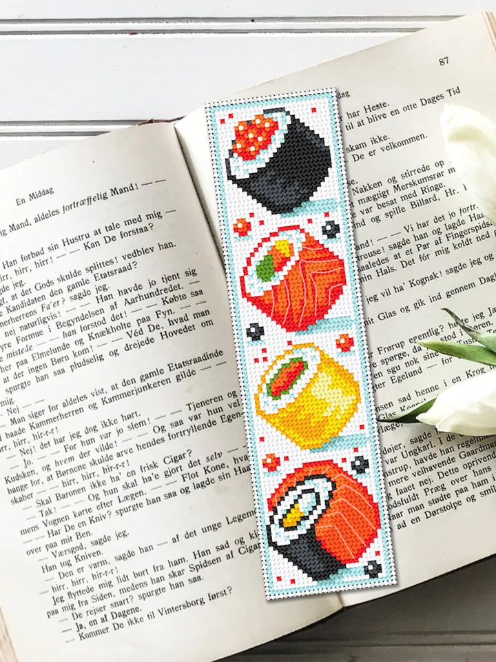 Japanese food bookmark cross stitch pattern PDF download Simple handmade bookmark digital PDF, Sushi cross stitch chart, Food pattern #B125