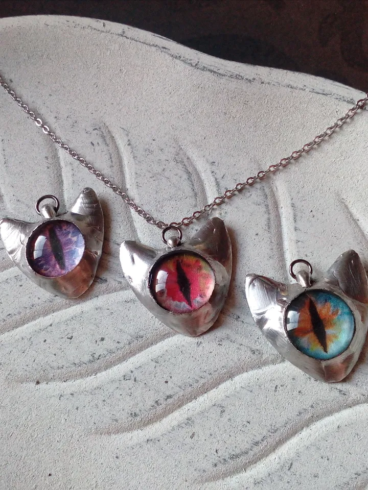 CAT necklace, cat eye tin soldered pendant, cat lovers jewelry, Halloween necklace, witchy aesthetic, goth bat pendant