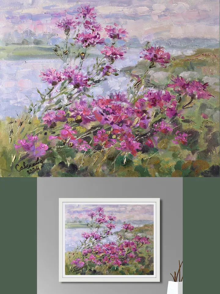 Wildflowers Painting Blooming Field Landscape Purple Flowers