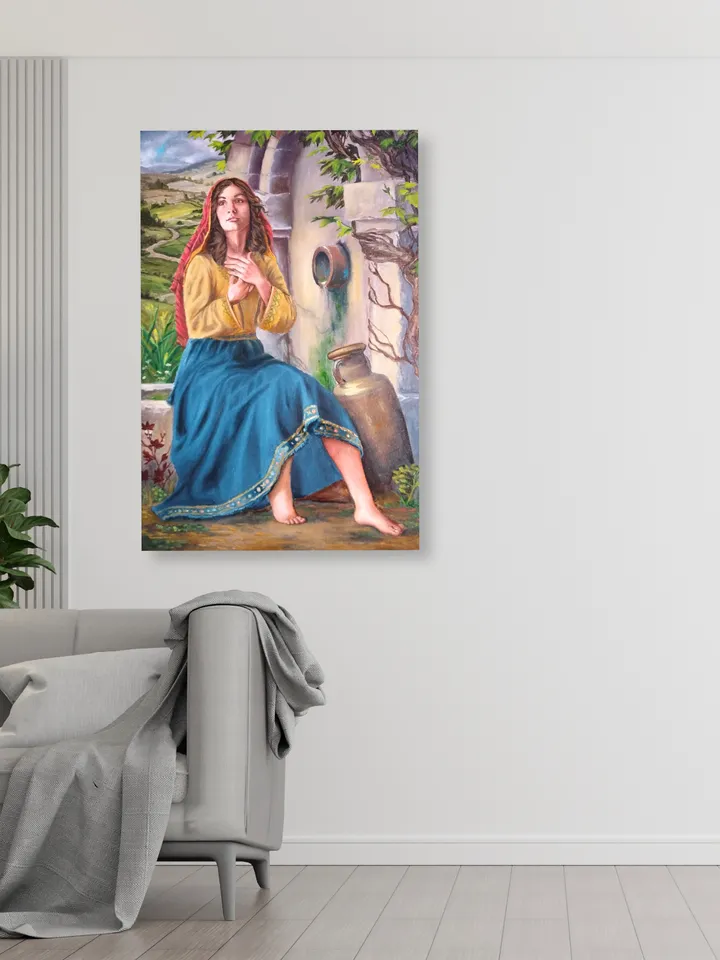 Christian Girl oil painting with landscape Religious inspiration Figurative art