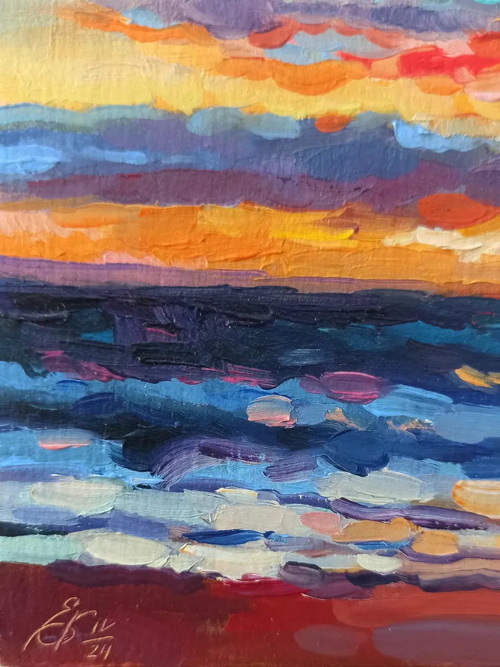 Seascape, Sunset at the sea, Small original oil painting 5x7 inches