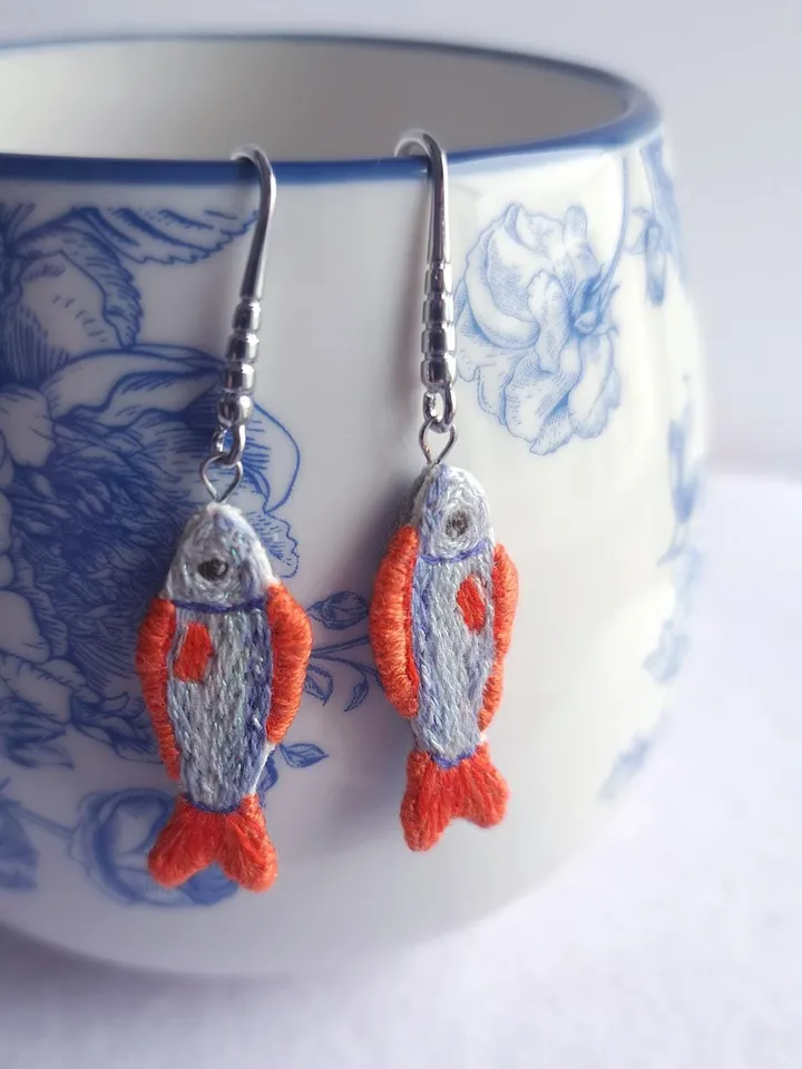 Fish Earrings Embroidery, Handmade Unique Jewelry, Whimsical Handcrafted Gift, Quirky Jewelry Accessory, Original Gift for Her, Boho Design