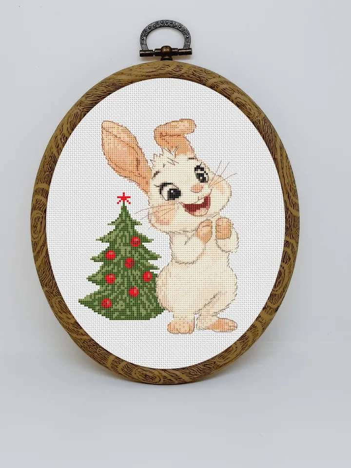 Christmas bunny cross stitch pattern pdf, Rabbit embroidery DIY