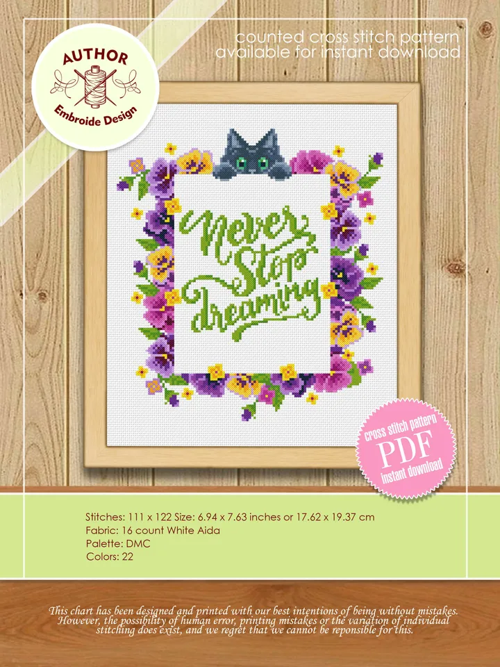 Floral frame cross stitch pattern PDF download Never stop dreaming quotes cross stitch chart, Flower border pattern digital PDF Pansy #Q18