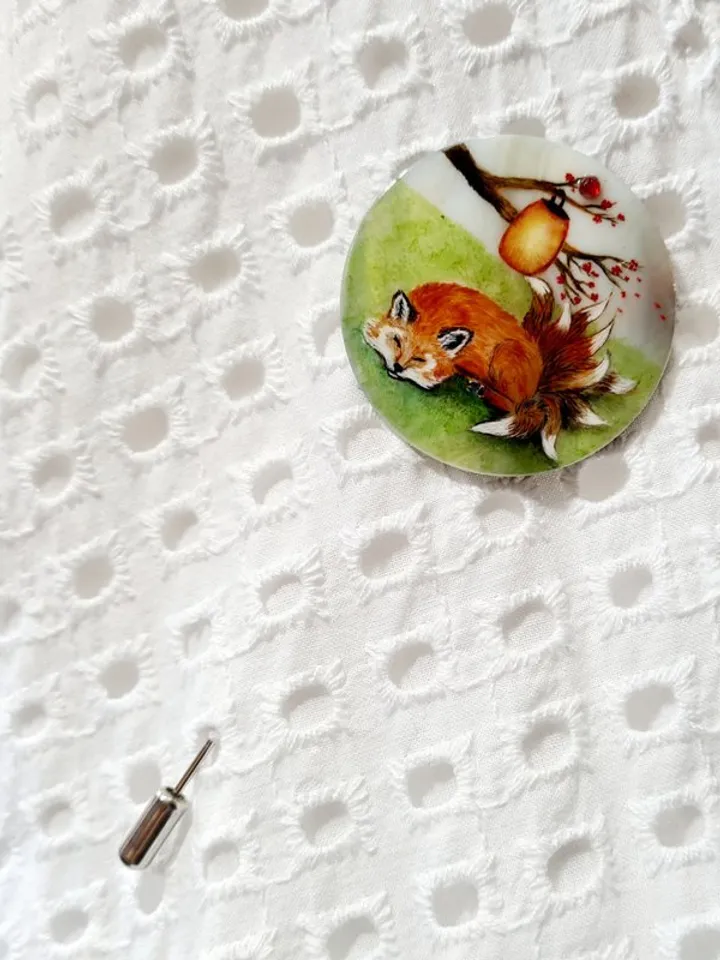Kitsune brooch, real oil painting miniature on mother of pearl. Kitsune fox pin