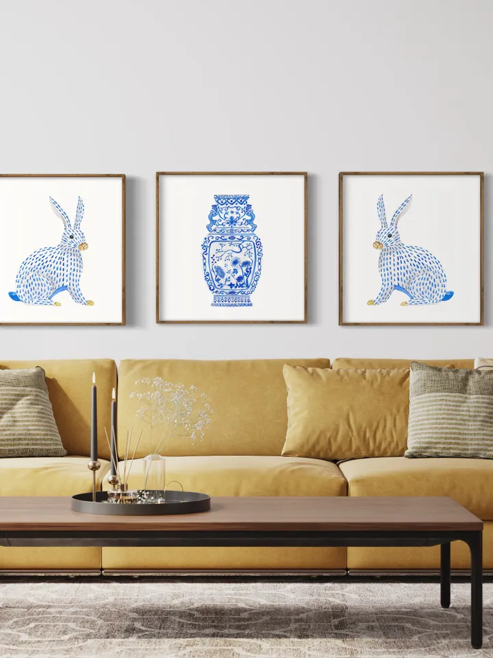 Blue And White Ginger Jar Vase Set Of 3  Watercolor Rabbit Asian Art Gift For Her Chinese Porcelain Vase Prints Classic  Porcelain Art Print