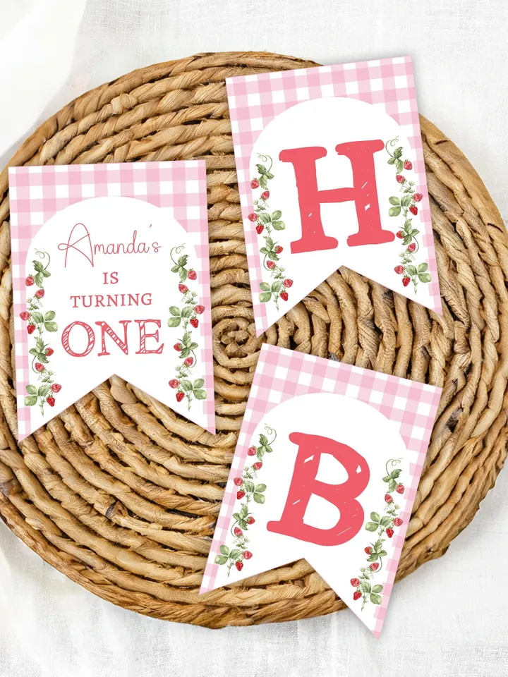 Editable Pink Gingham Berry First Birthday Banner Template Berry First Garland Berry Flags Digital Strawberry Birthday Party Decor i122