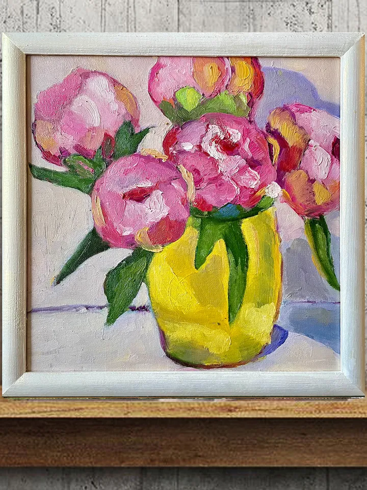 Peony painting, Original oil Painting on canvas, Flower Wall Art, Framed floral art