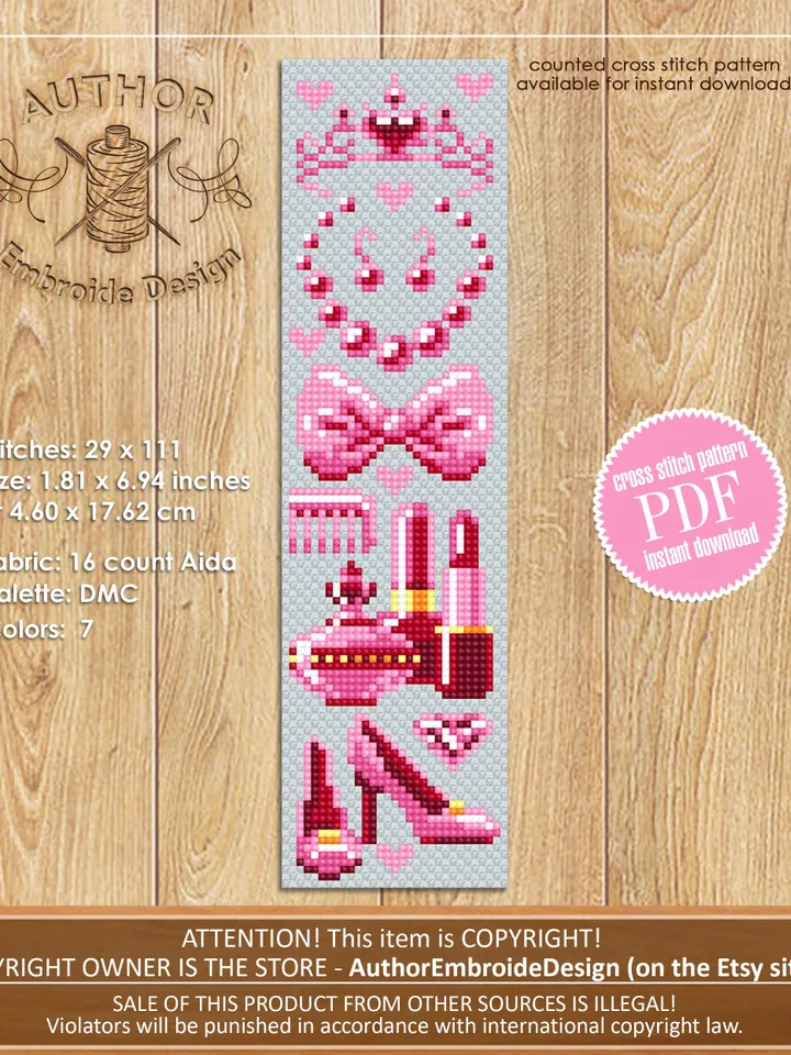 Fashion bookmark cross stitch pattern PDF download Women accessories cross stitch chart, Needlepoint bookmark pattern digital for girl #B452