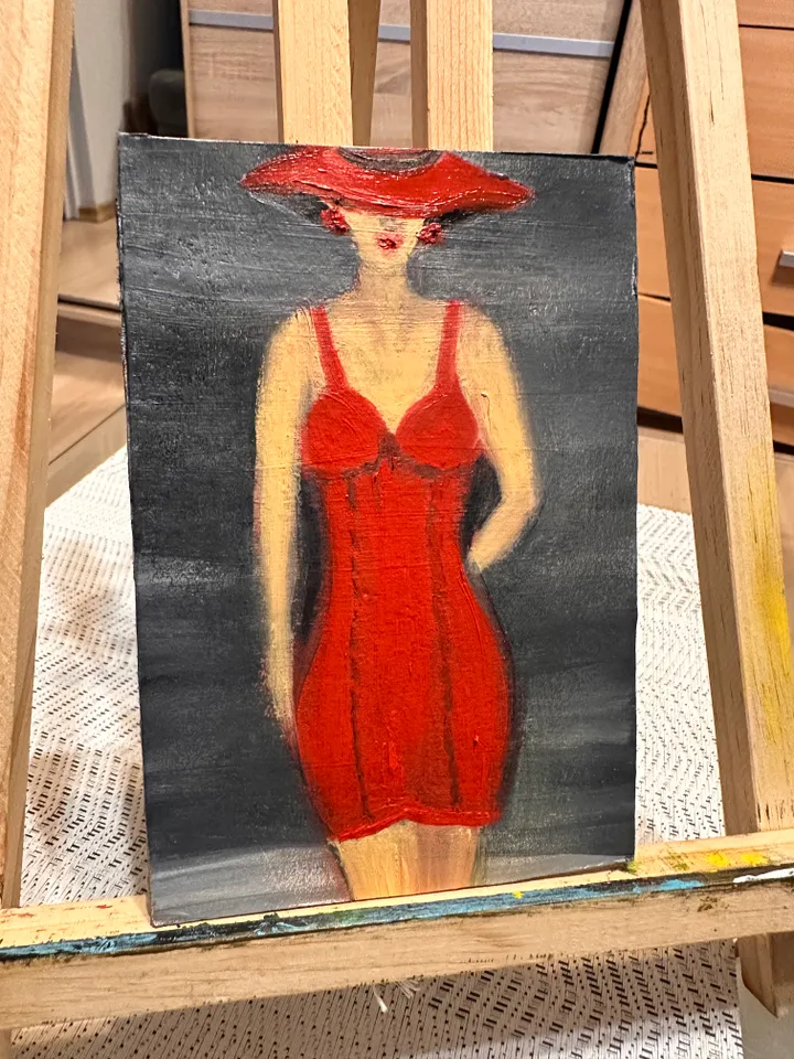 Oil Painting Lady in Red Figurative Portrait of Women People Feminist Art Cardboard 6x4 inches 15x10 cm Wall Decor