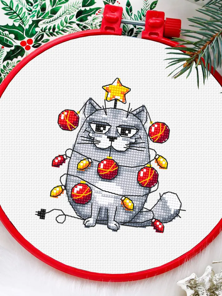 Funny Christmas cat cross stitch pattern PDF download, Small Christmas cross stitch chart, Christmas Lights Cat pattern digital PDF #N139