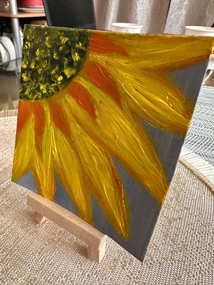 Oil Painting Sunflower Flower Cardboard 4x4 inches 10x10 cm Wall Decor Miniature 3D Image Floral Art Abstraction