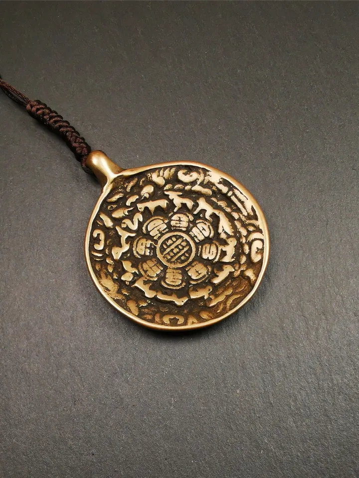 Gandhanra Vintage Tibetan Buddhist Calendar Badge,Melong Mirror, SIPAHO Amulet,Made of Lima Brass, 1.88"